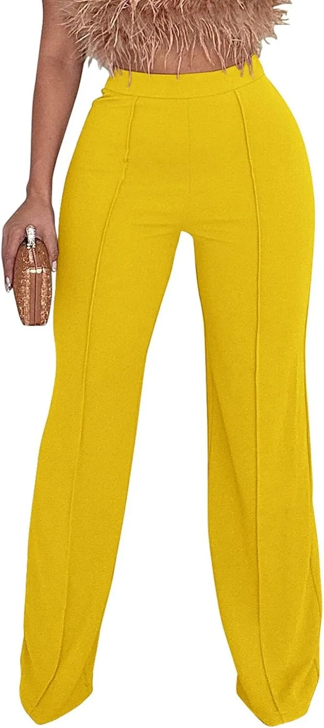 Womens Business Casual Pants Zipper Comfort Straight Leg Pants Trendy Solid Color Fall High Waisted Trousers