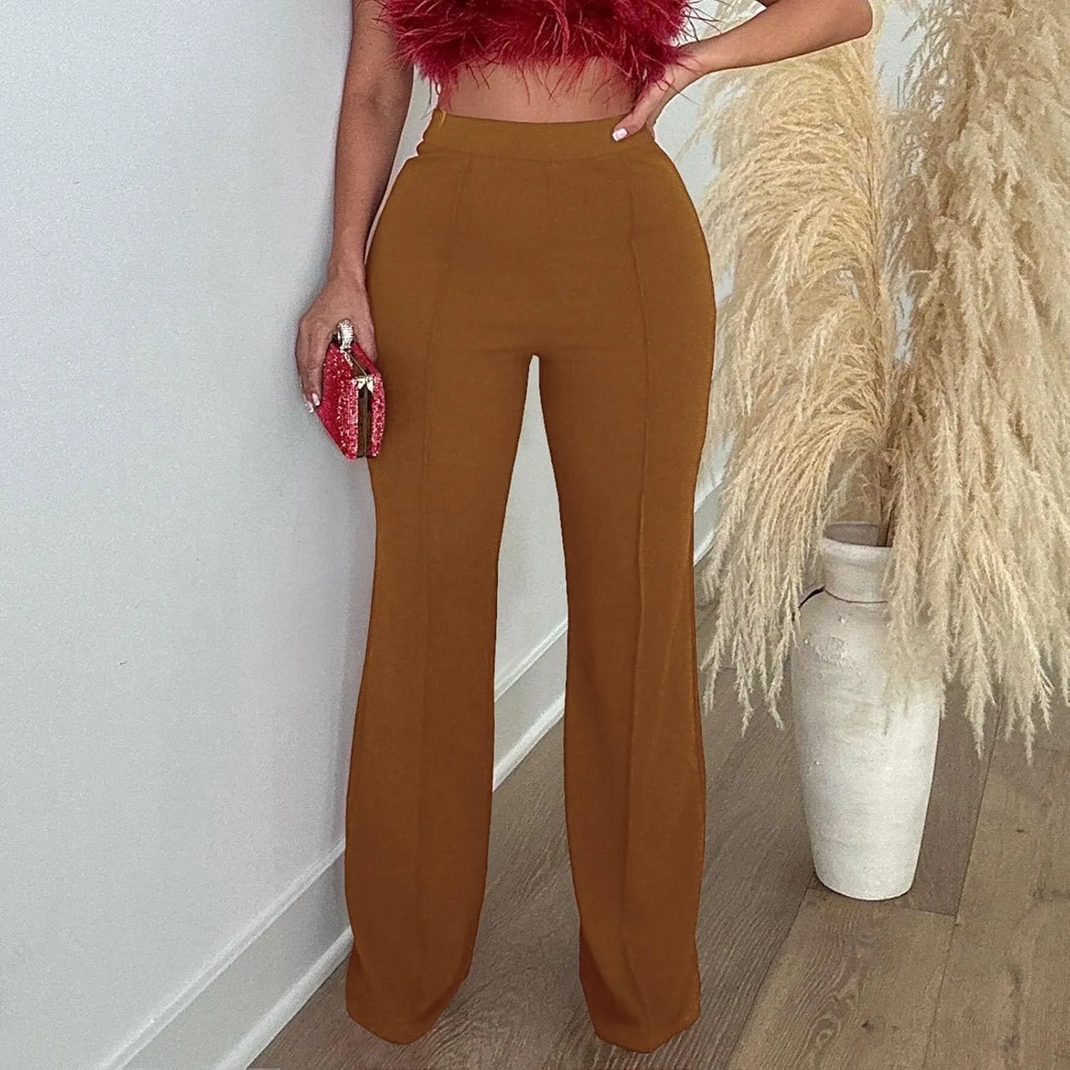 Womens Business Casual Pants Zipper Comfort Straight Leg Pants Trendy Solid Color Fall High Waisted Trousers