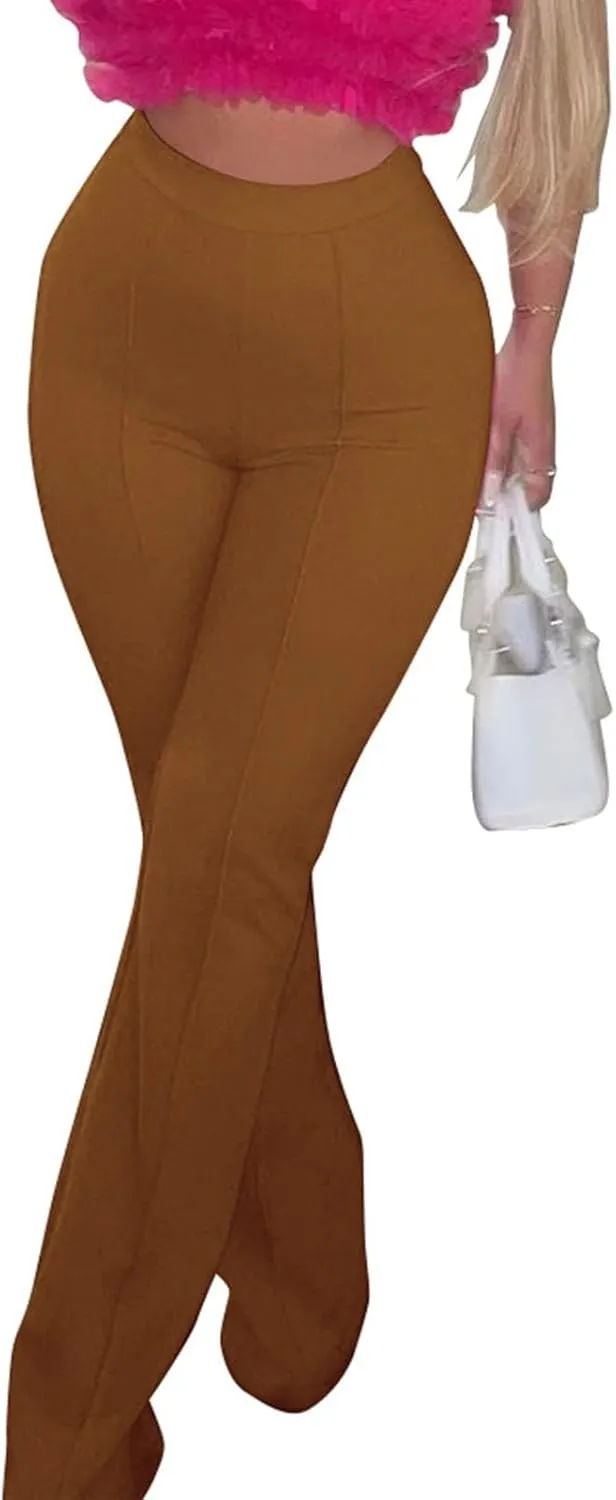 Womens Business Casual Pants Zipper Comfort Straight Leg Pants Trendy Solid Color Fall High Waisted Trousers