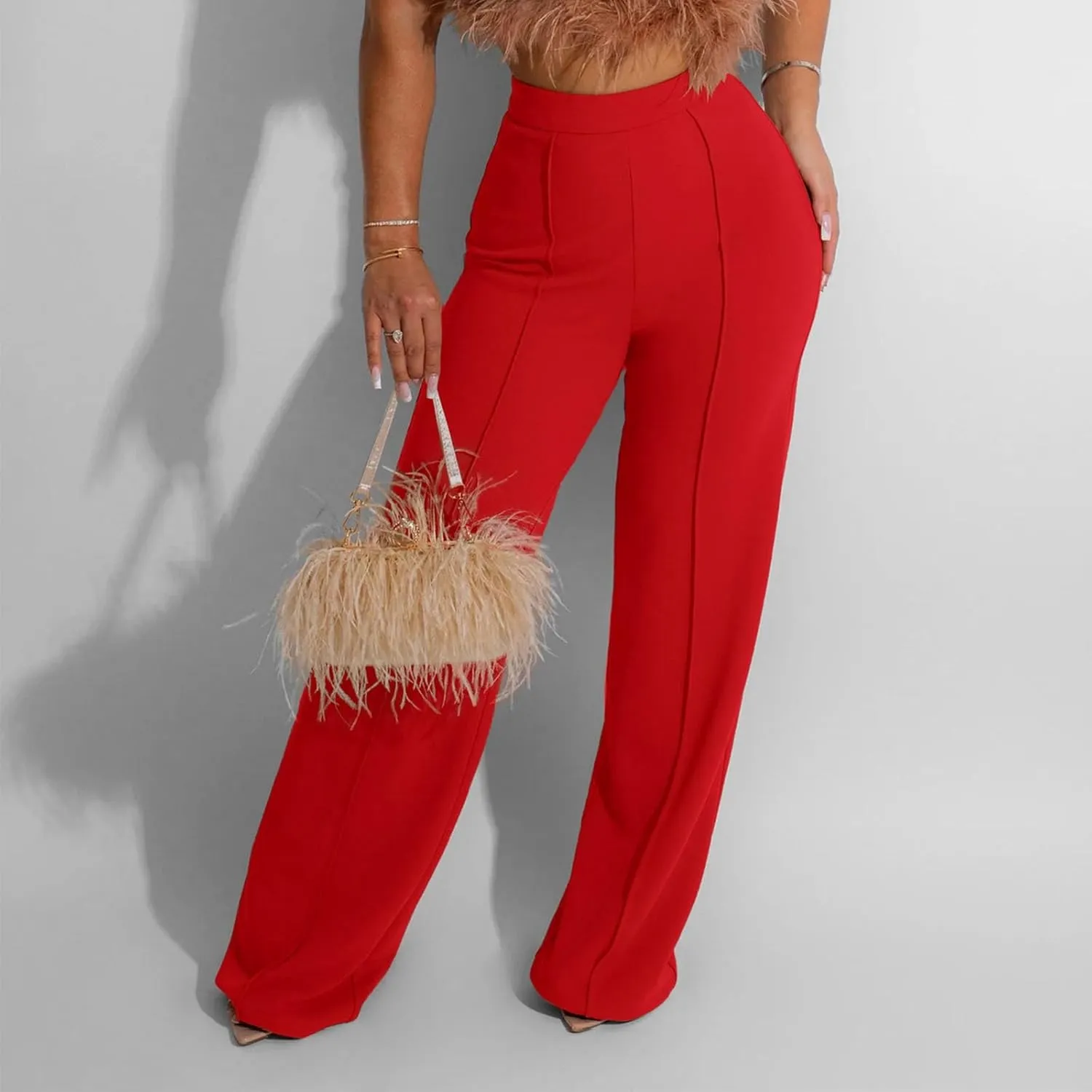 Womens Business Casual Pants Zipper Comfort Straight Leg Pants Trendy Solid Color Fall High Waisted Trousers