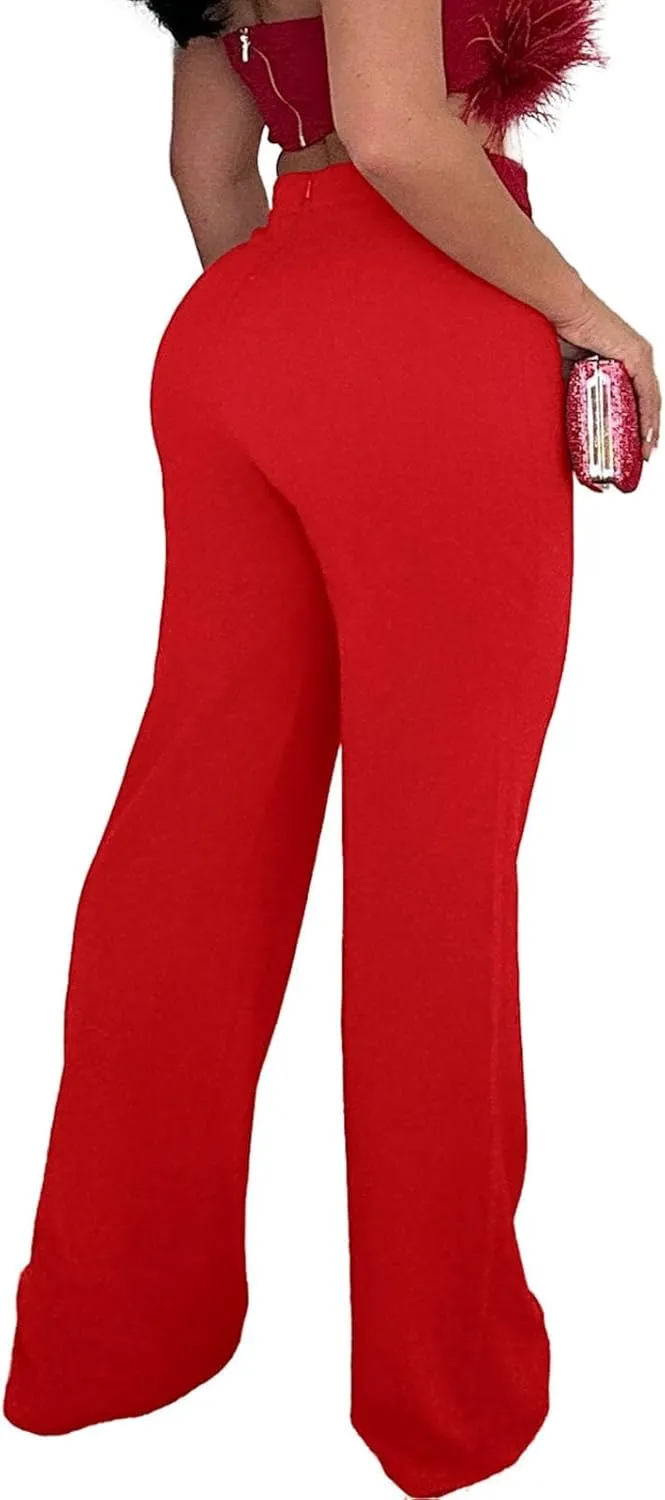 Womens Business Casual Pants Zipper Comfort Straight Leg Pants Trendy Solid Color Fall High Waisted Trousers