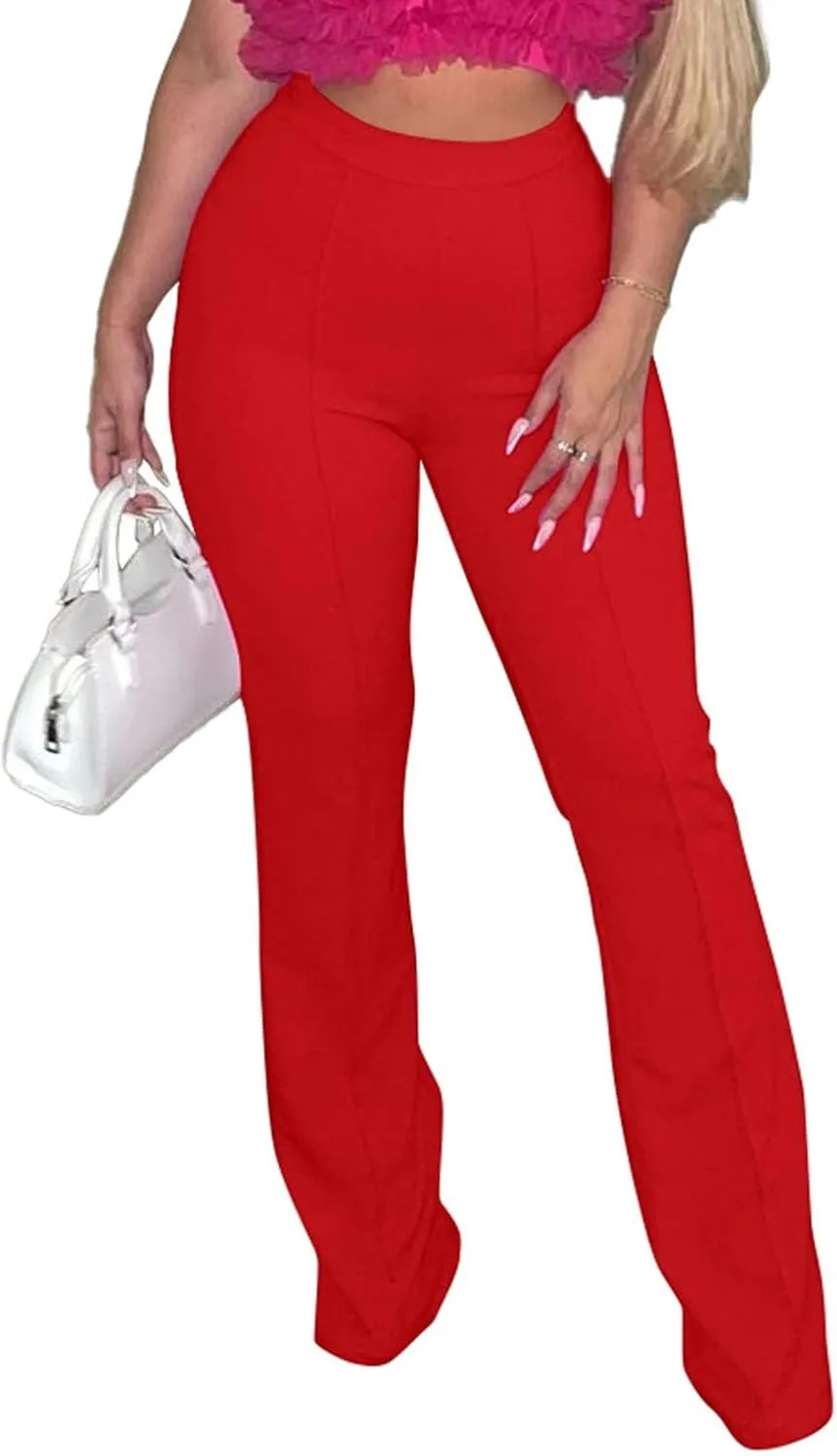 Womens Business Casual Pants Zipper Comfort Straight Leg Pants Trendy Solid Color Fall High Waisted Trousers