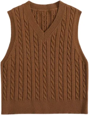 Womens Cable Knit Vest V Neck Sleeveless Cropped Crochet Sweater Vest Casual Loose Fit Sweater Pullover Top