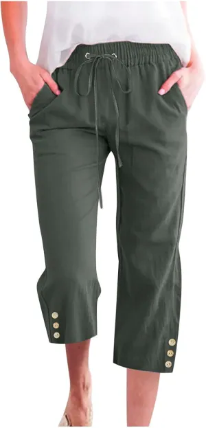 Women's Capris Pants High Waist Drawstring Comfy Cropped Pants Lightweight Casual Joggers Buttons Trim with Pocket