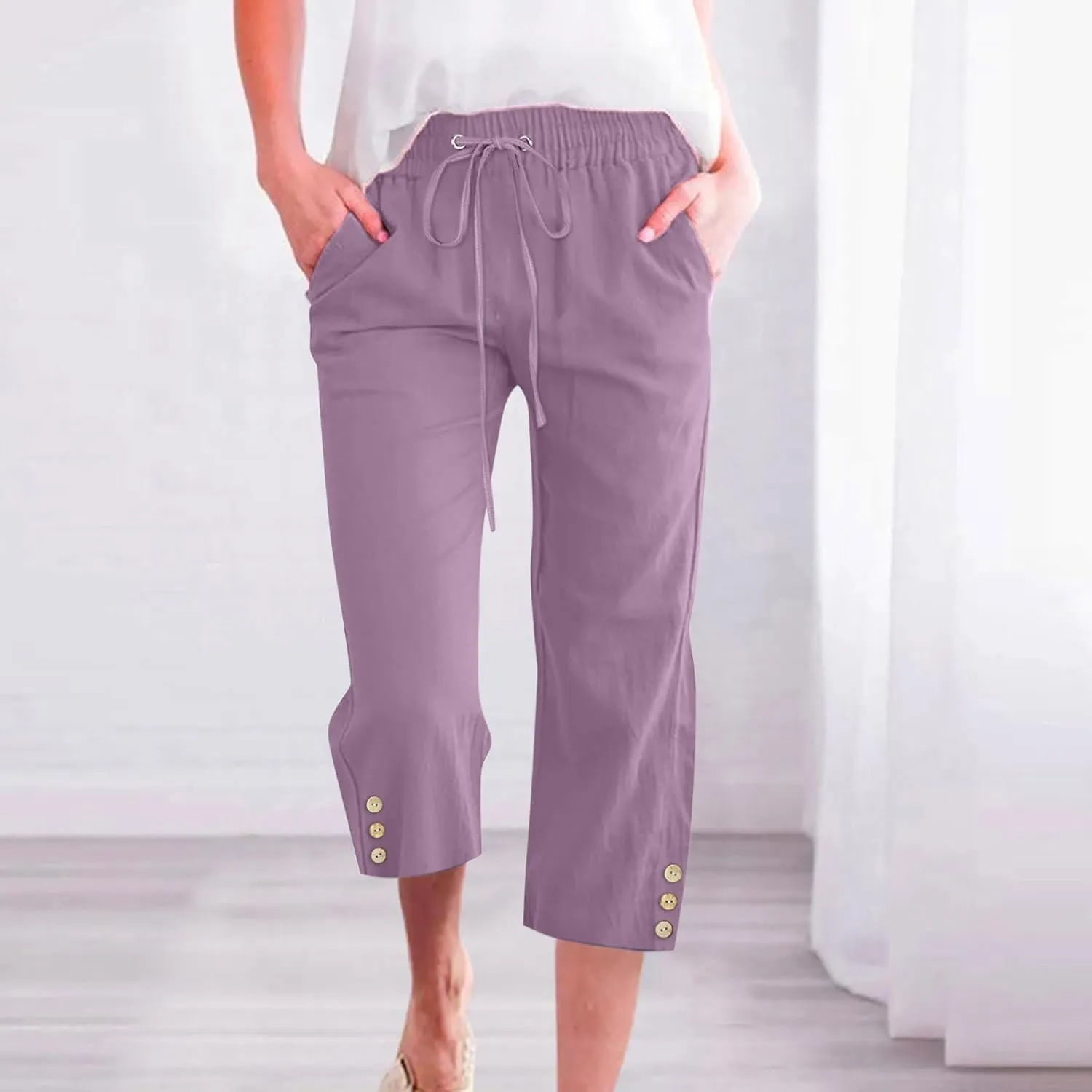 Women's Capris Pants High Waist Drawstring Comfy Cropped Pants Lightweight Casual Joggers Buttons Trim with Pocket