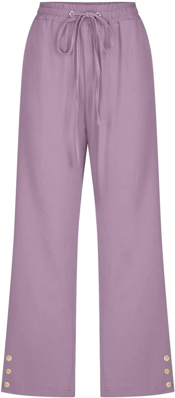 Women's Capris Pants High Waist Drawstring Comfy Cropped Pants Lightweight Casual Joggers Buttons Trim with Pocket