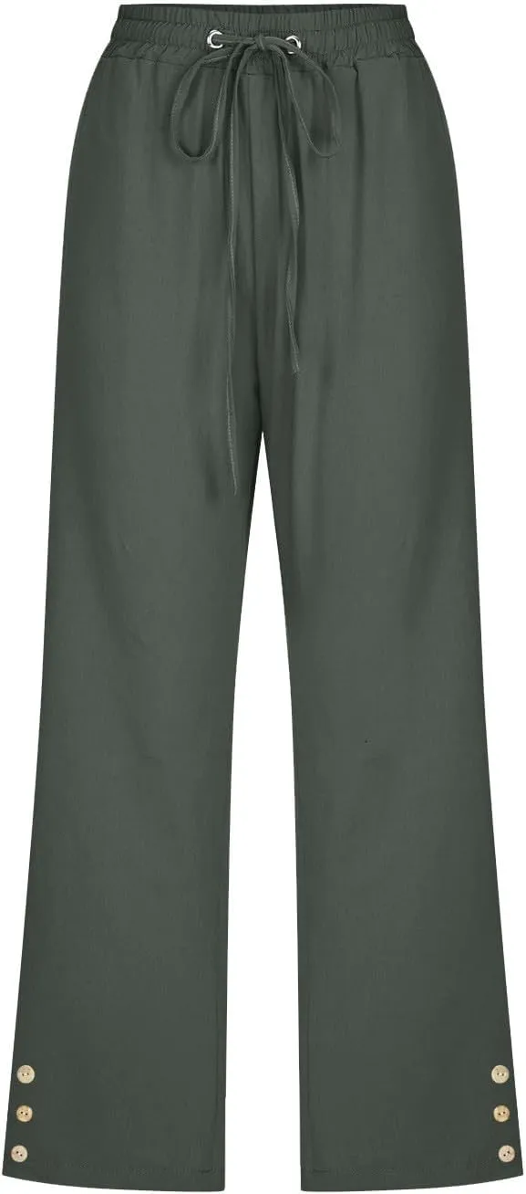 Women's Capris Pants High Waist Drawstring Comfy Cropped Pants Lightweight Casual Joggers Buttons Trim with Pocket