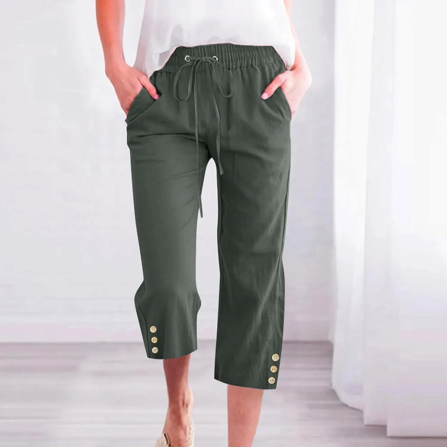 Women's Capris Pants High Waist Drawstring Comfy Cropped Pants Lightweight Casual Joggers Buttons Trim with Pocket
