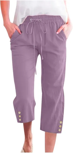 Women's Capris Pants High Waist Drawstring Comfy Cropped Pants Lightweight Casual Joggers Buttons Trim with Pocket