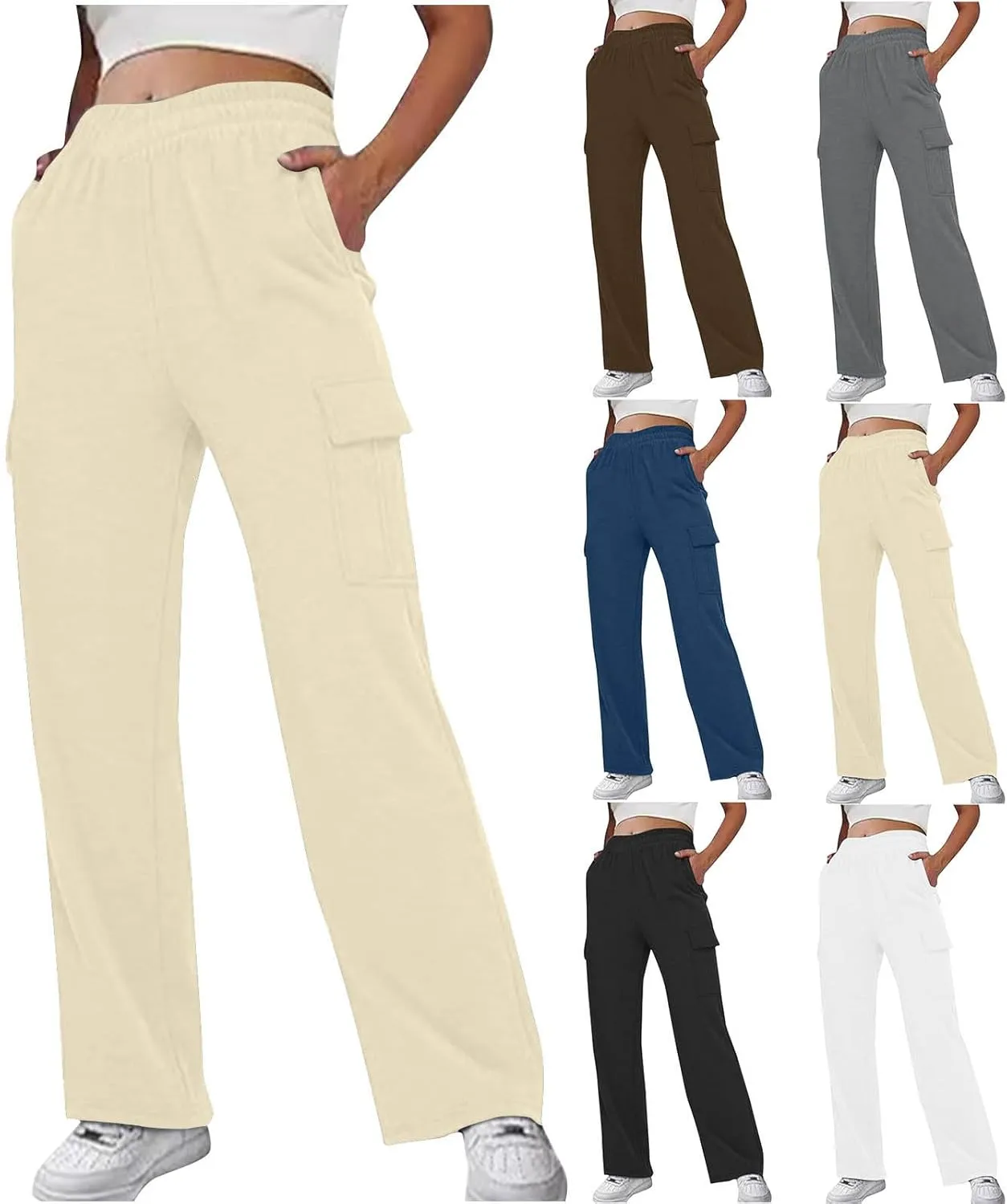 Women's Cargo Sweatpants Elastic High Waist Wide Leg Joggers Pants Baggy Straight Leg Drawstring Trousers with Pockets