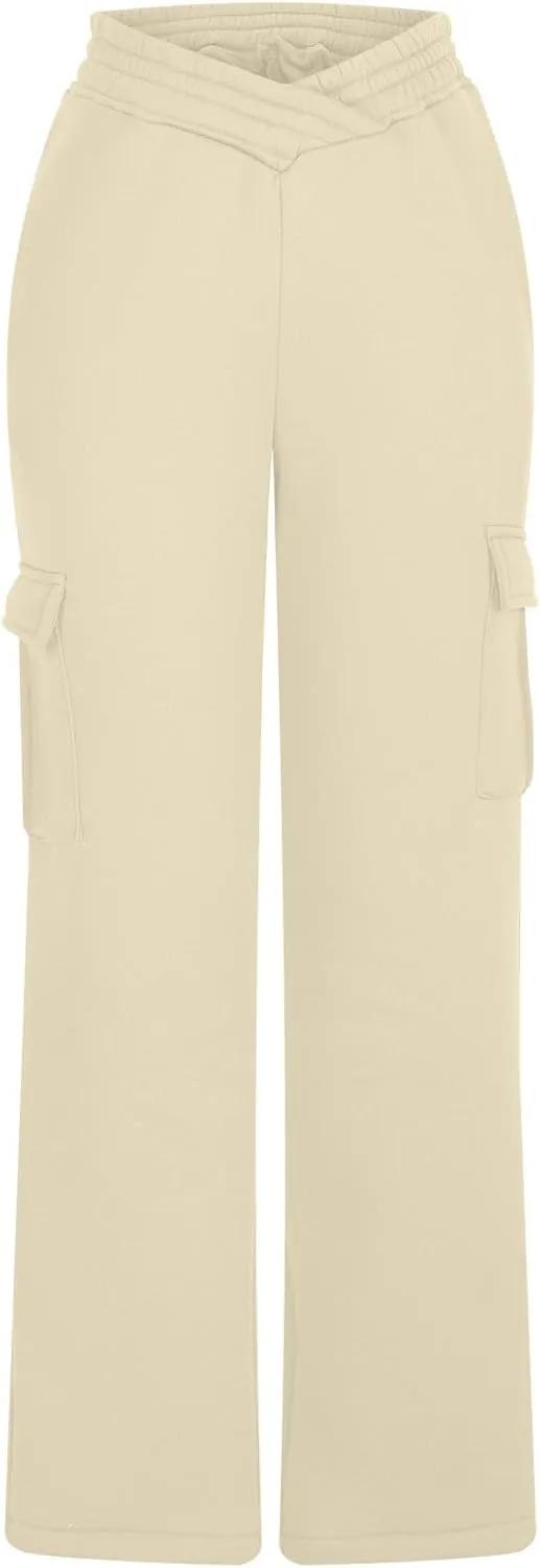 Women's Cargo Sweatpants Elastic High Waist Wide Leg Joggers Pants Baggy Straight Leg Drawstring Trousers with Pockets
