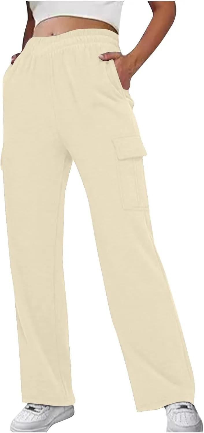 Women's Cargo Sweatpants Elastic High Waist Wide Leg Joggers Pants Baggy Straight Leg Drawstring Trousers with Pockets