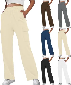 Women's Cargo Sweatpants Elastic High Waist Wide Leg Joggers Pants Baggy Straight Leg Drawstring Trousers with Pockets