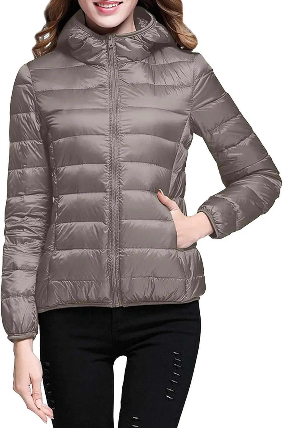 Women's Casual Lightweight Hooded Down Jacket Solid Color Casual Down Packable Warm Winter Jacket
