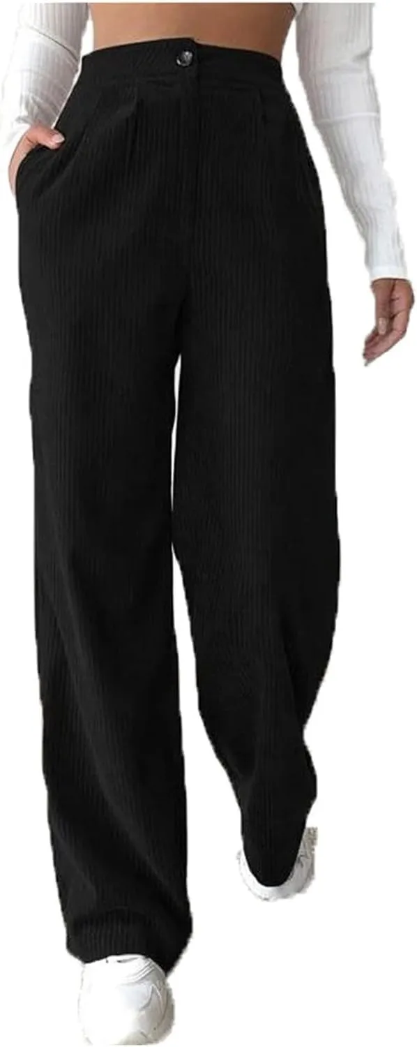 Womens Corduroy Pants High Waisted Wide Leg Palazzo Pant Dress Straight Leg Trousers Trendy Work Sweatpants Pockets