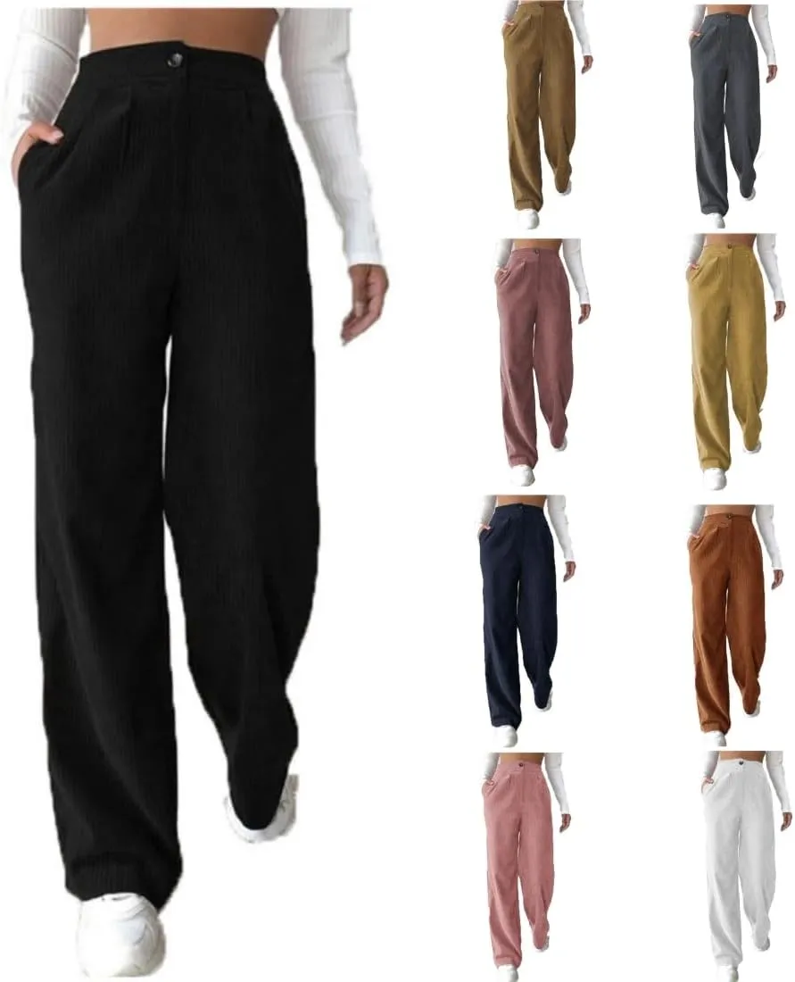 Womens Corduroy Pants High Waisted Wide Leg Palazzo Pant Dress Straight Leg Trousers Trendy Work Sweatpants Pockets