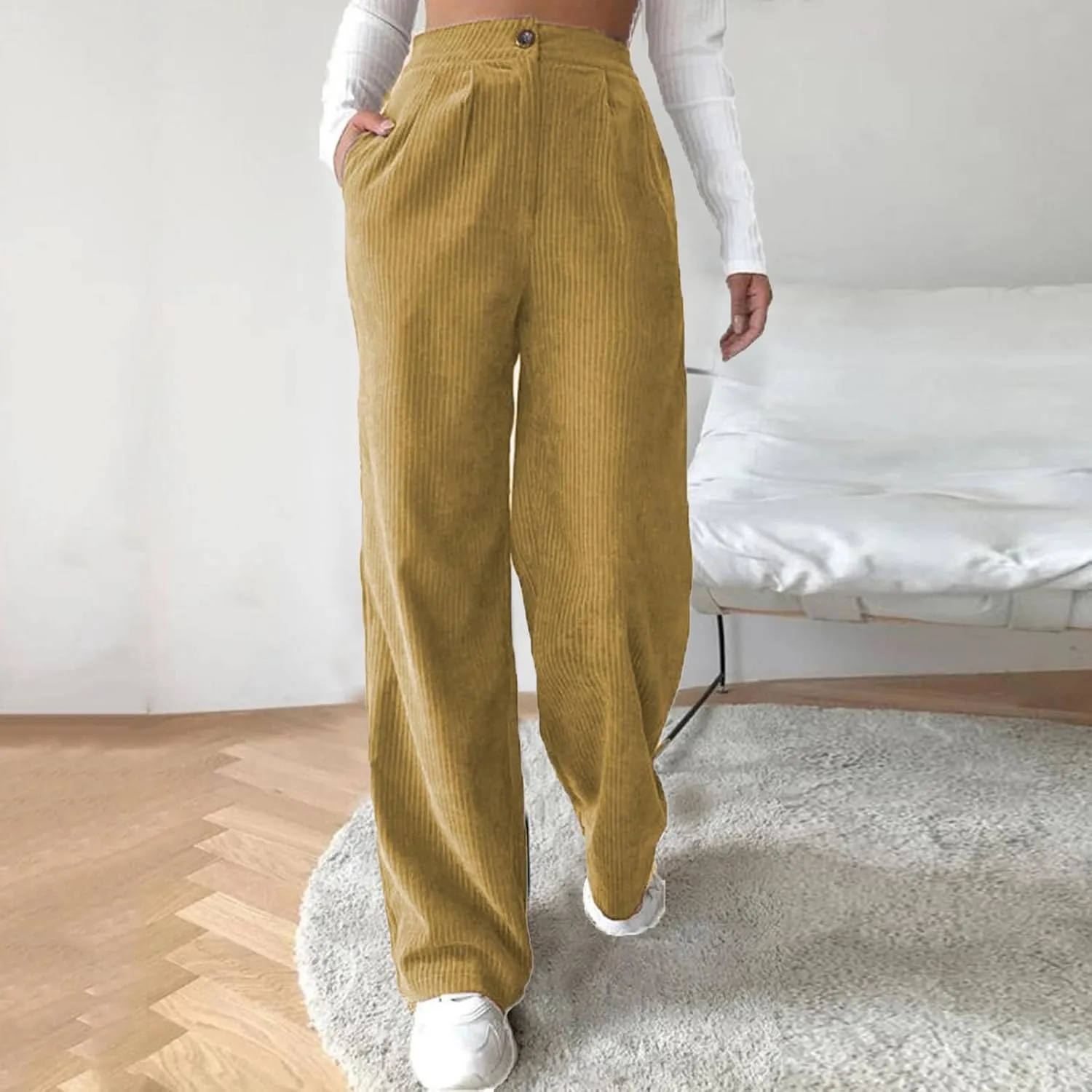 Womens Corduroy Pants High Waisted Wide Leg Palazzo Pant Dress Straight Leg Trousers Trendy Work Sweatpants Pockets
