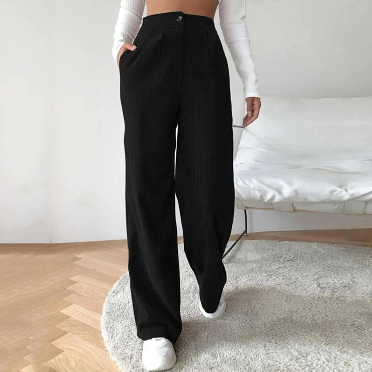 Womens Corduroy Pants High Waisted Wide Leg Palazzo Pant Dress Straight Leg Trousers Trendy Work Sweatpants Pockets