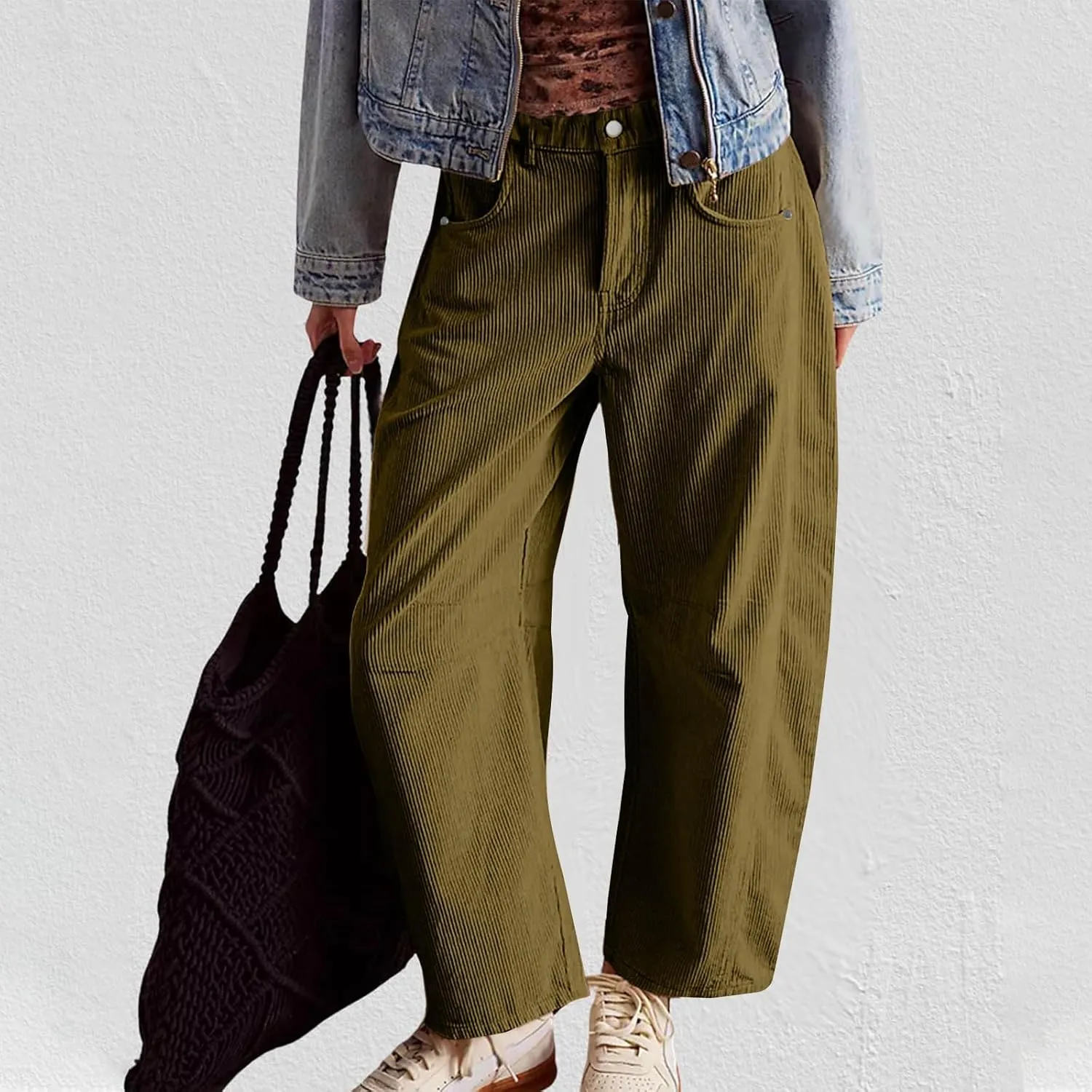 Womens Corduroy Straight Leg Pants Trendy Barrel Button Elastic Waist Trousers Lounge Mid Rise Bottoms with Pockets