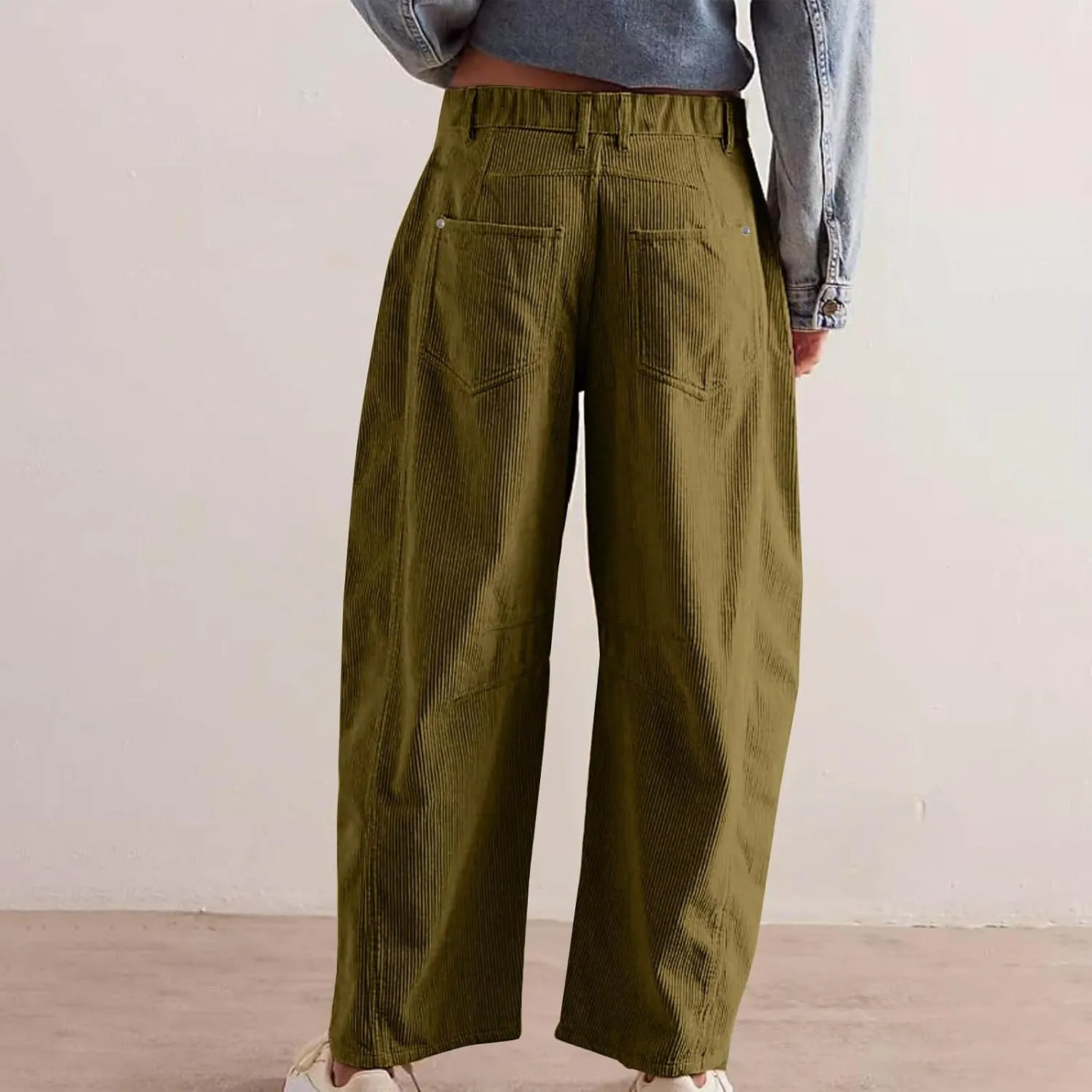 Womens Corduroy Straight Leg Pants Trendy Barrel Button Elastic Waist Trousers Lounge Mid Rise Bottoms with Pockets