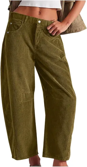 Womens Corduroy Straight Leg Pants Trendy Barrel Button Elastic Waist Trousers Lounge Mid Rise Bottoms with Pockets