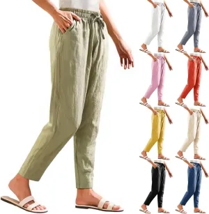 Women's Cotton Linen Pants Casual Elastic Drawstring Straight Leg Pants 2025 Summer Beach Pants Trousers with Pockets