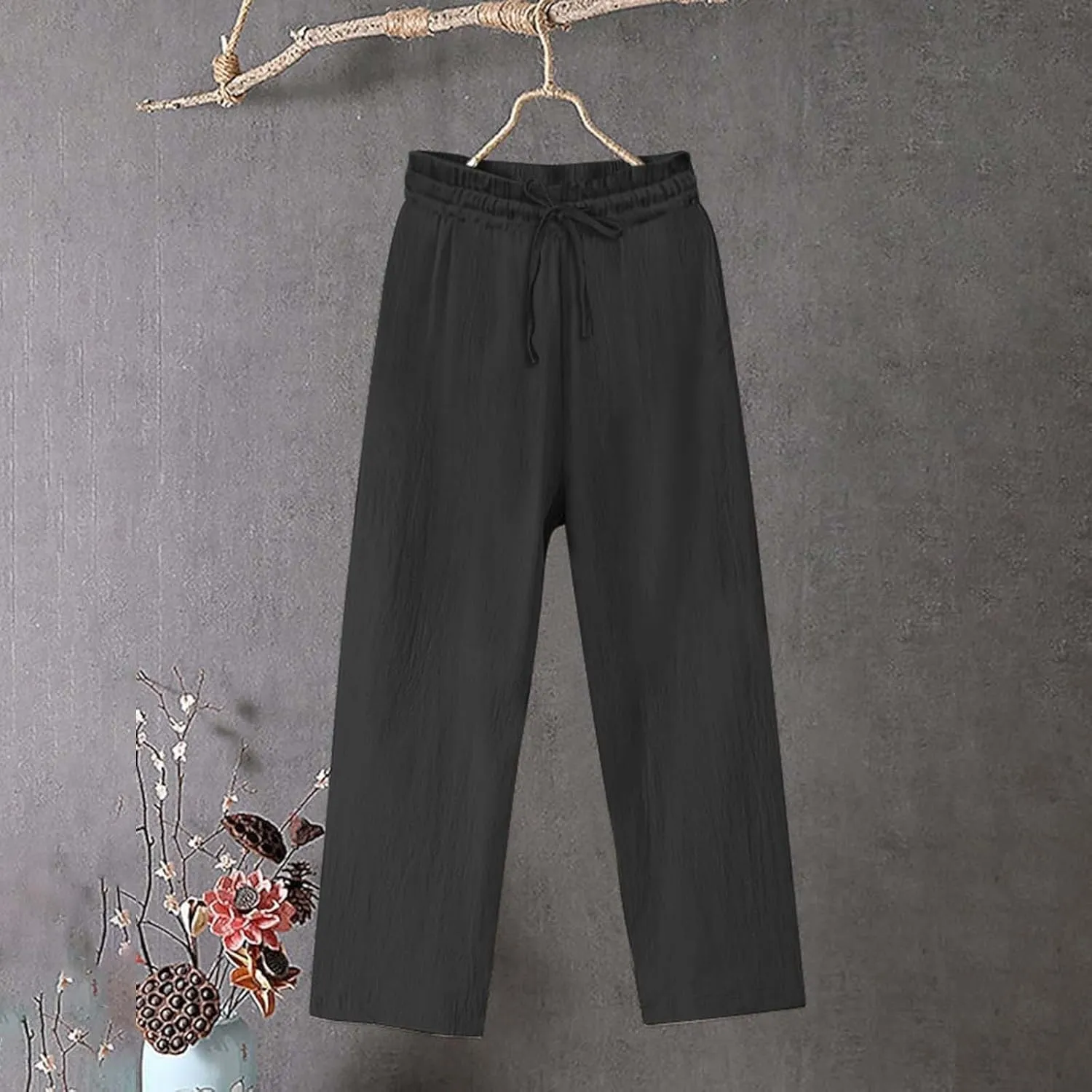 Women's Cotton Linen Pants Casual Elastic Drawstring Straight Leg Pants 2025 Summer Beach Pants Trousers with Pockets