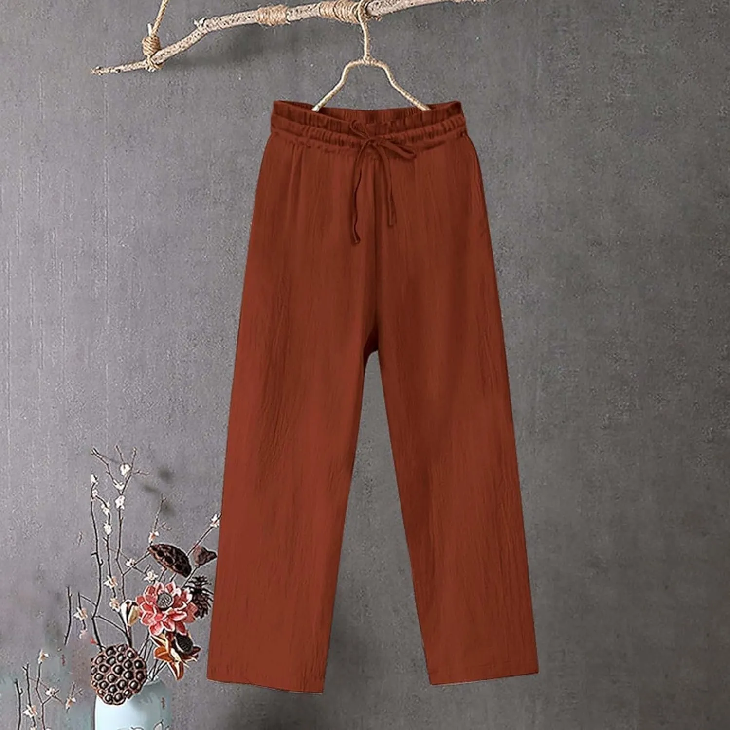 Women's Cotton Linen Pants Casual Elastic Drawstring Straight Leg Pants 2025 Summer Beach Pants Trousers with Pockets