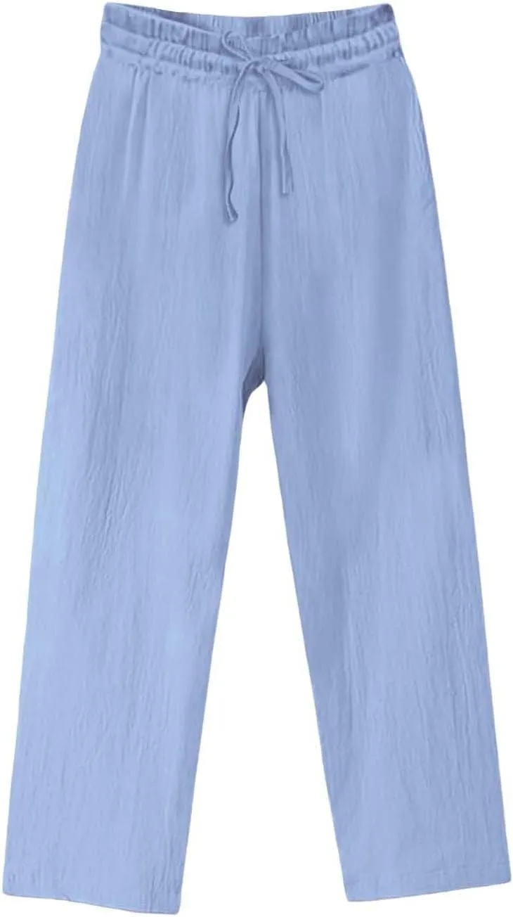 Women's Cotton Linen Pants Casual Elastic Drawstring Straight Leg Pants 2025 Summer Beach Pants Trousers with Pockets