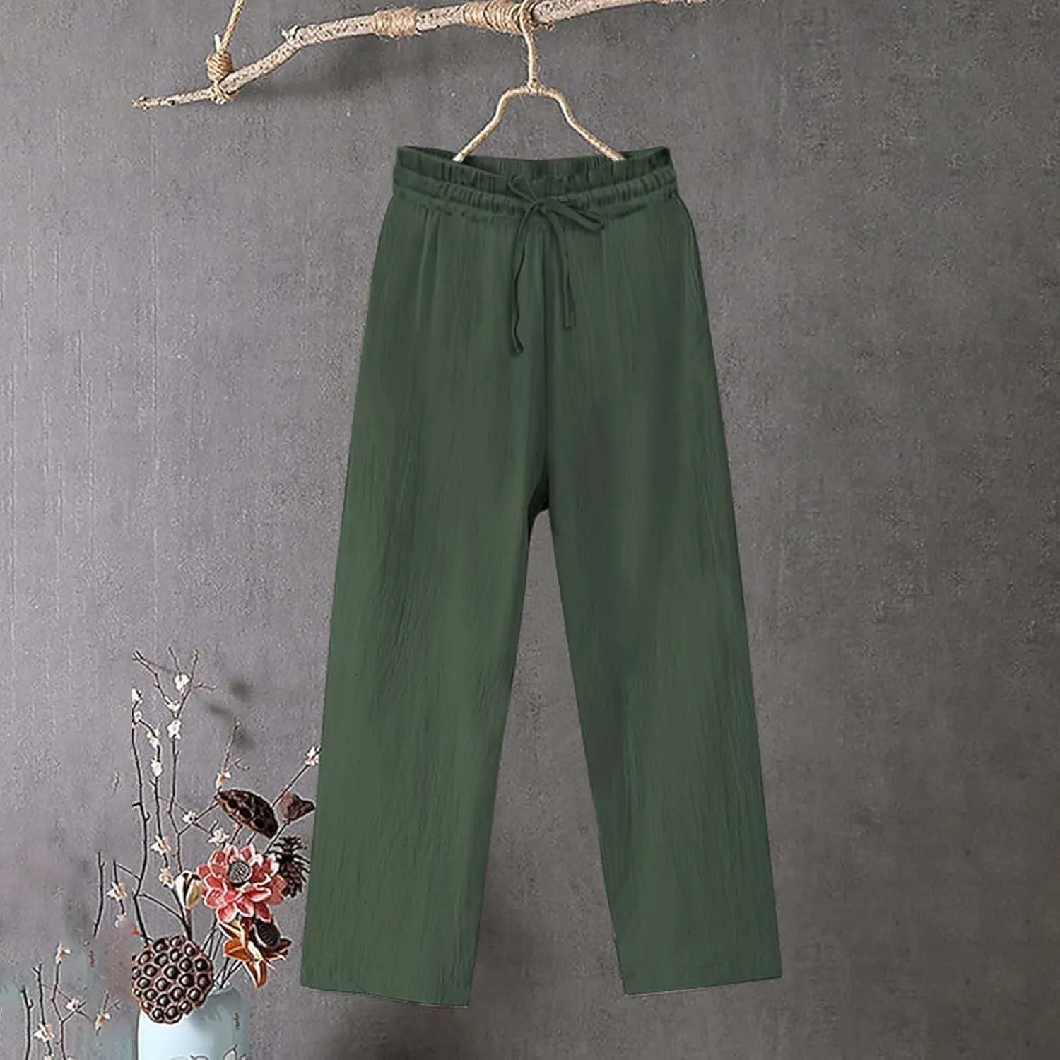 Women's Cotton Linen Pants Casual Elastic Drawstring Straight Leg Pants 2025 Summer Beach Pants Trousers with Pockets