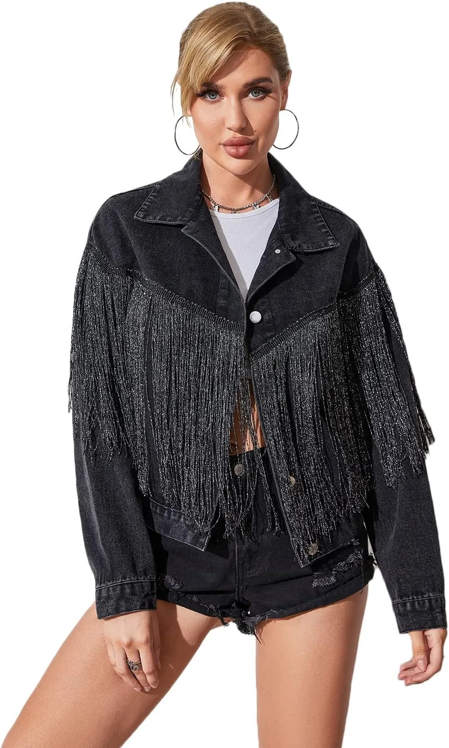 Women’s Crop Denim Jacket Tassel Casual Jean Coat With Fringe