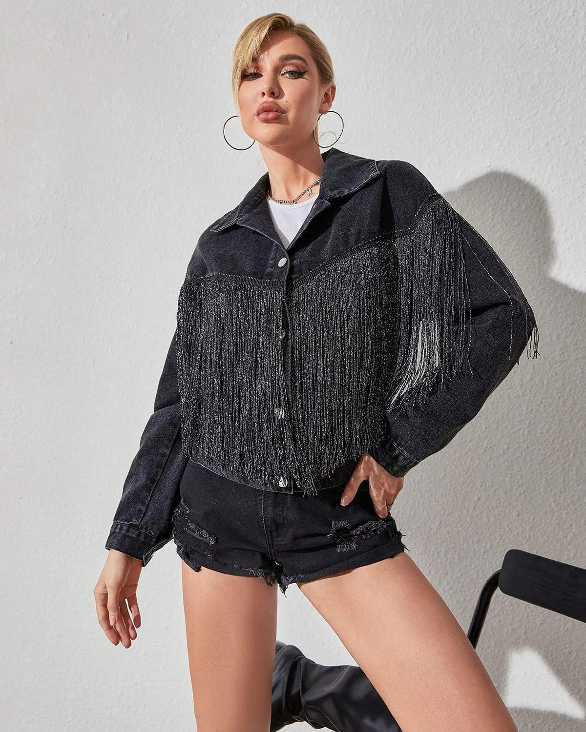 Women’s Crop Denim Jacket Tassel Casual Jean Coat With Fringe