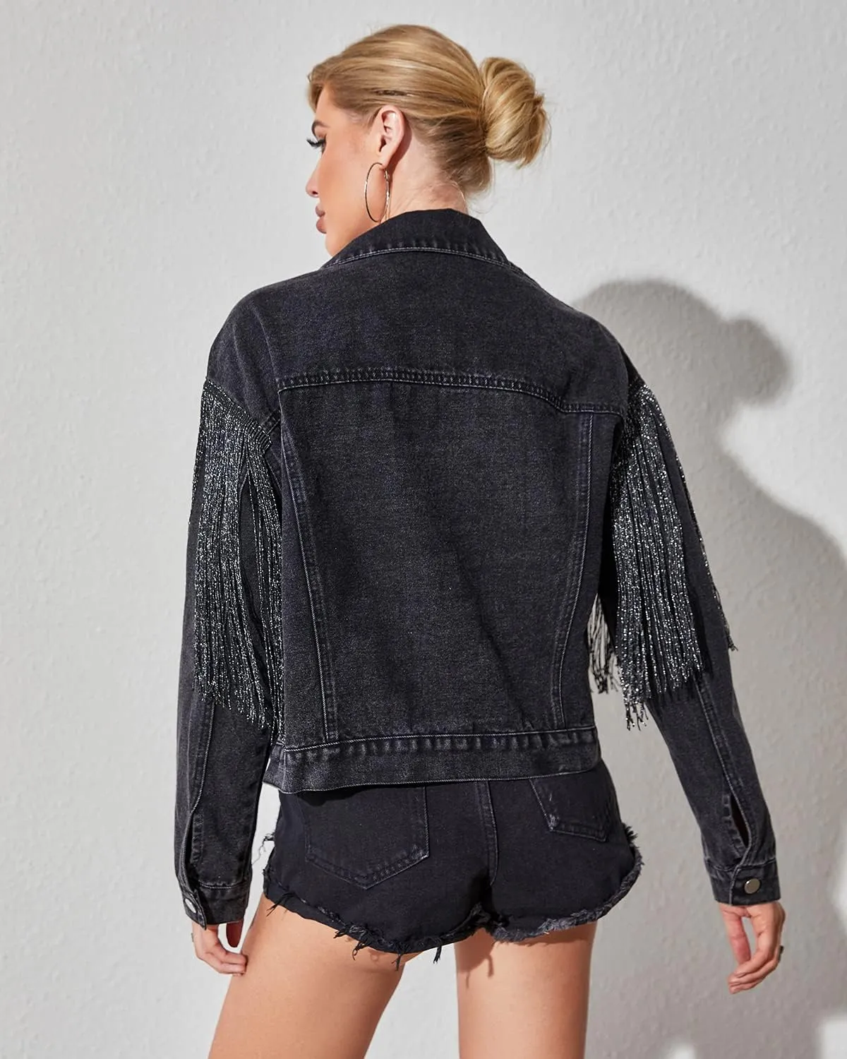 Women’s Crop Denim Jacket Tassel Casual Jean Coat With Fringe