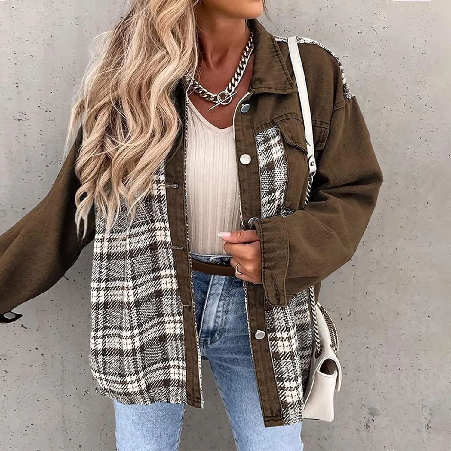Womens Denim Jacket Oversized Boyfriend Jean Jacket Casual Long Sleeve Button Down Plaid Shacket Jacket with Pockets