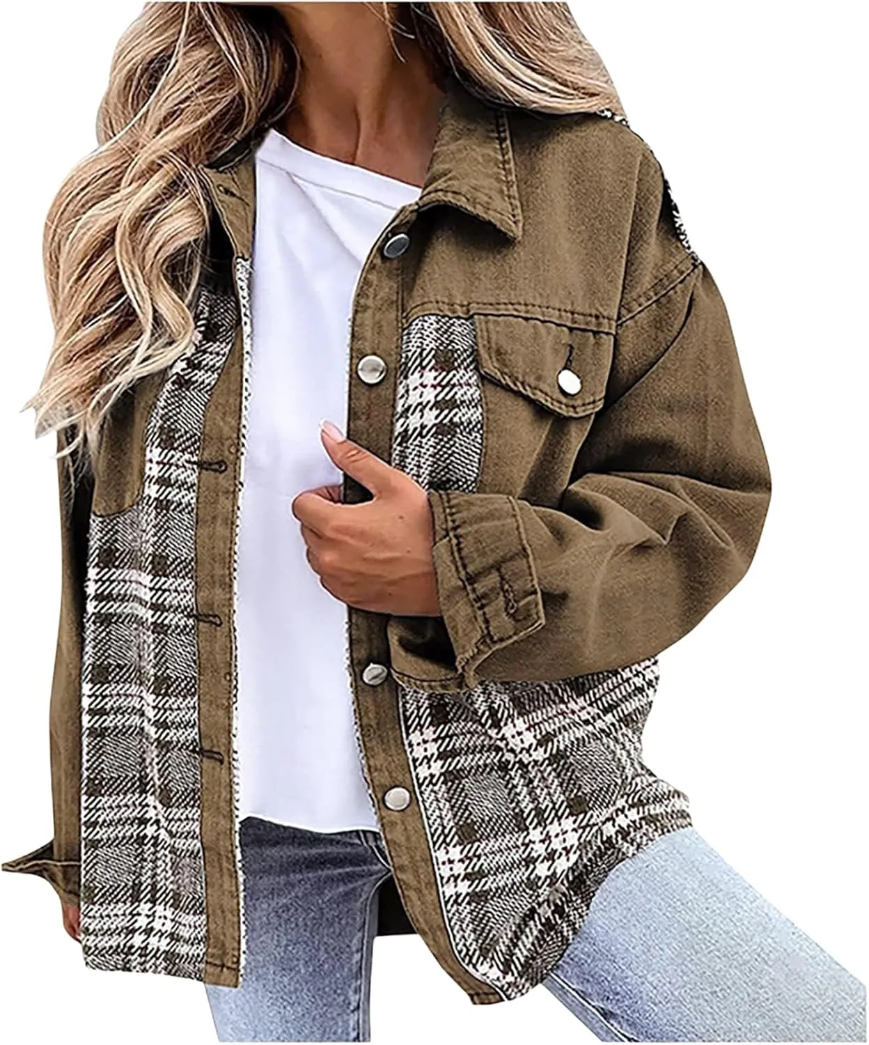 Womens Denim Jacket Oversized Boyfriend Jean Jacket Casual Long Sleeve Button Down Plaid Shacket Jacket with Pockets
