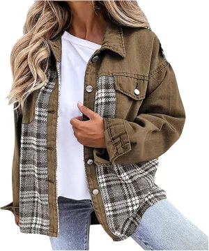Womens Denim Jacket Oversized Boyfriend Jean Jacket Casual Long Sleeve Button Down Plaid Shacket Jacket with Pockets