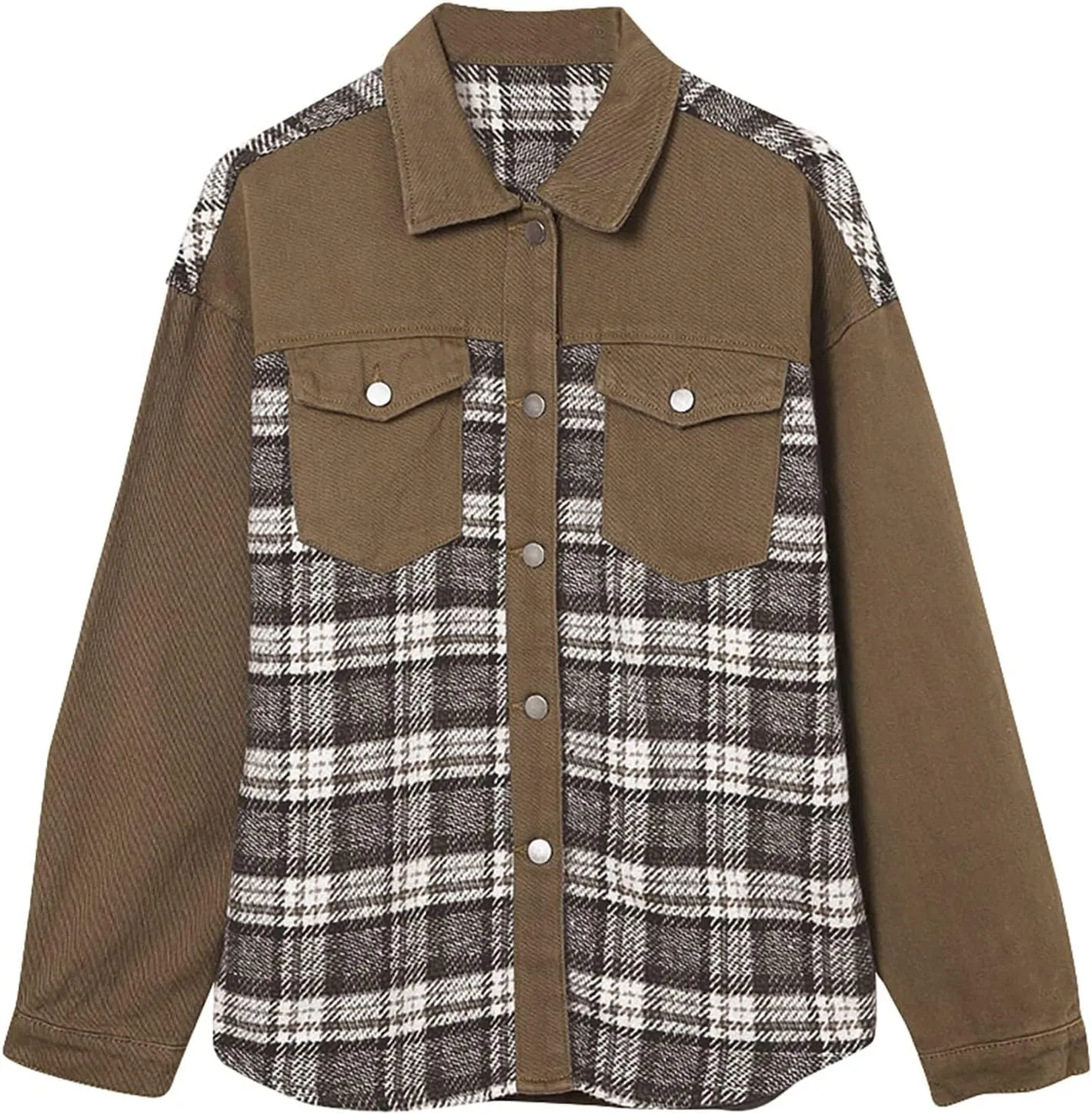 Womens Denim Jacket Oversized Boyfriend Jean Jacket Casual Long Sleeve Button Down Plaid Shacket Jacket with Pockets