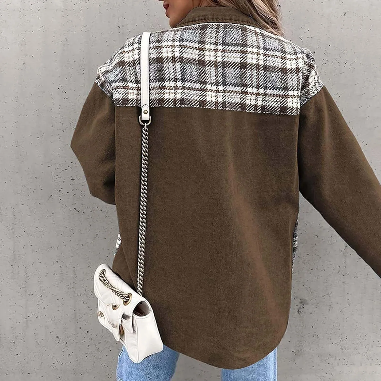 Womens Denim Jacket Oversized Boyfriend Jean Jacket Casual Long Sleeve Button Down Plaid Shacket Jacket with Pockets