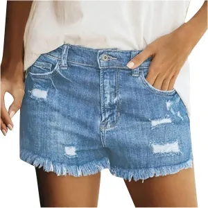 Women's Denim Shorts Stretchy High Waisted Solid Trendy Boyfriend Short Jeans with Pockets Frayed Raw Hem Slim Shorts Summer Shorts for Teen Girls
