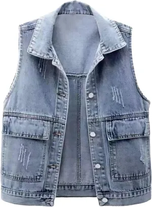 Womens Denim Vest Cropped Jean Jacket for Women Casual Distressed Denim Vest Sleeveless Waistcoat with Removable Hood