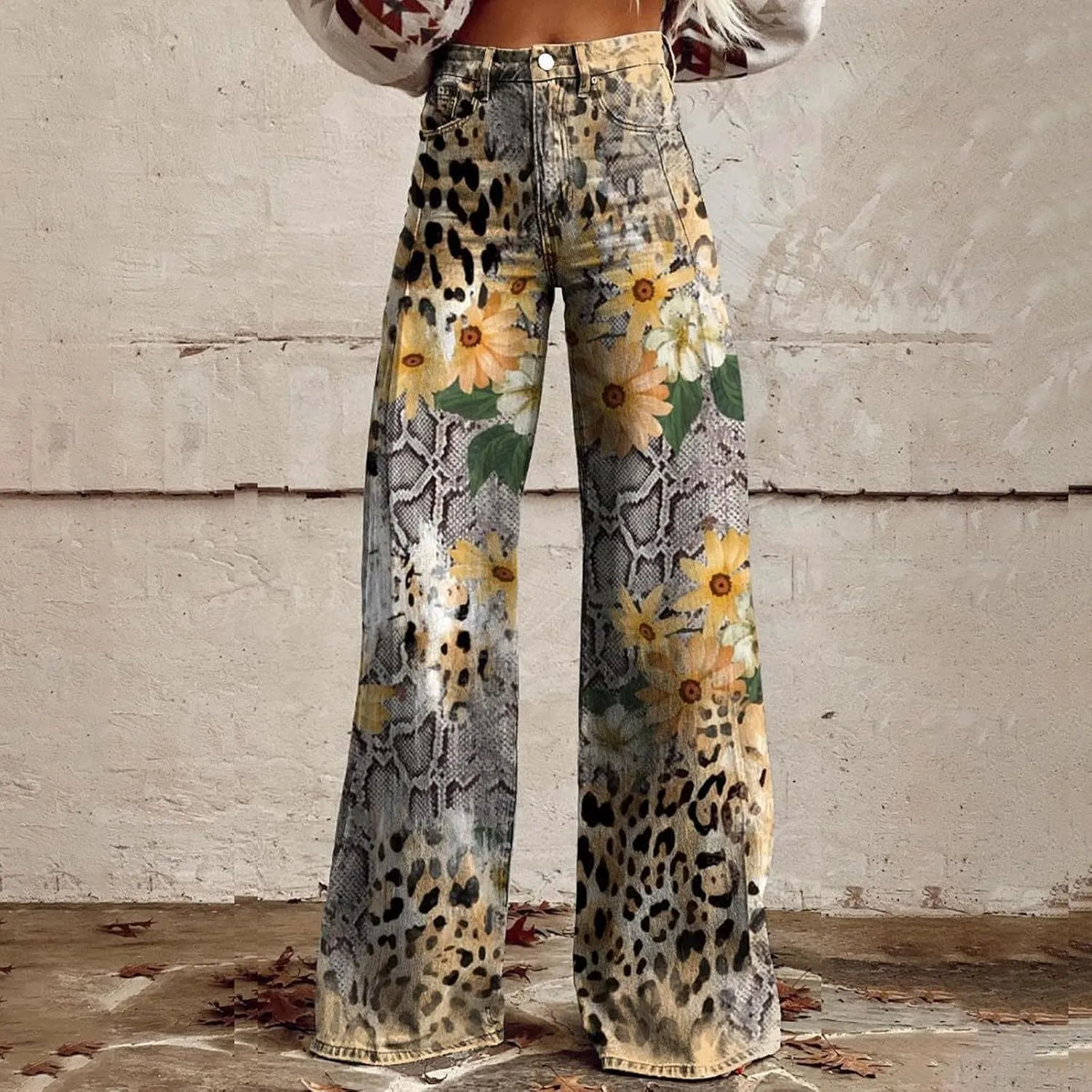 Women's Flare Jeans 2025 Wide Leg Baggy Pant Vintage Floral Print High Waisted Straight Stretch Pants with Pocket