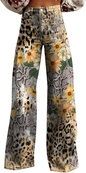 Women's Flare Jeans 2025 Wide Leg Baggy Pant Vintage Floral Print High Waisted Straight Stretch Pants with Pocket