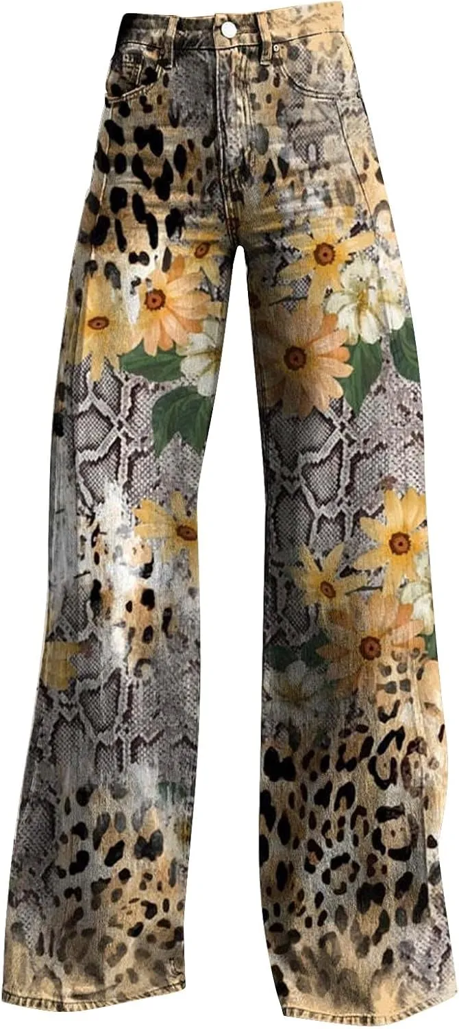 Women's Flare Jeans 2025 Wide Leg Baggy Pant Vintage Floral Print High Waisted Straight Stretch Pants with Pocket