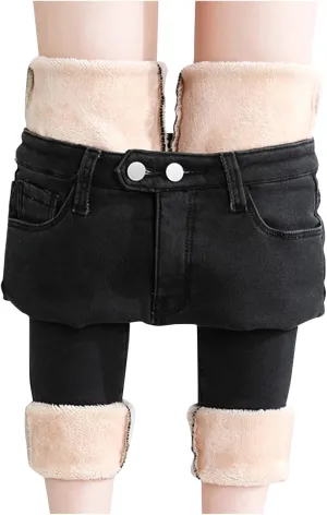 Womens Fleece Lined Jeans Straight Leg High Waisted Skinny Jean Stretchy Denim Thermal Pants Slimming Warm Winter Jeggings