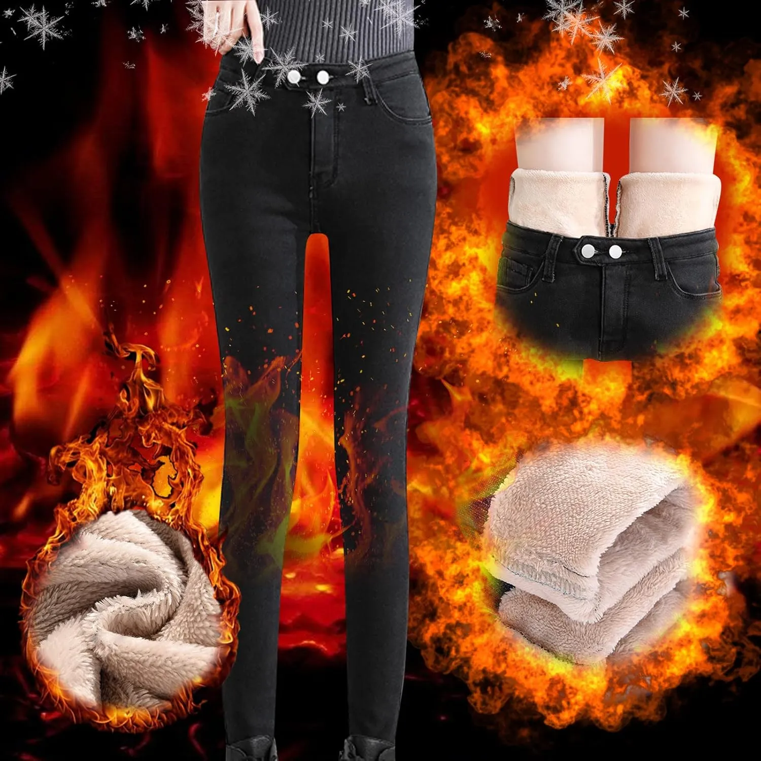 Womens Fleece Lined Jeans Straight Leg High Waisted Skinny Jean Stretchy Denim Thermal Pants Slimming Warm Winter Jeggings