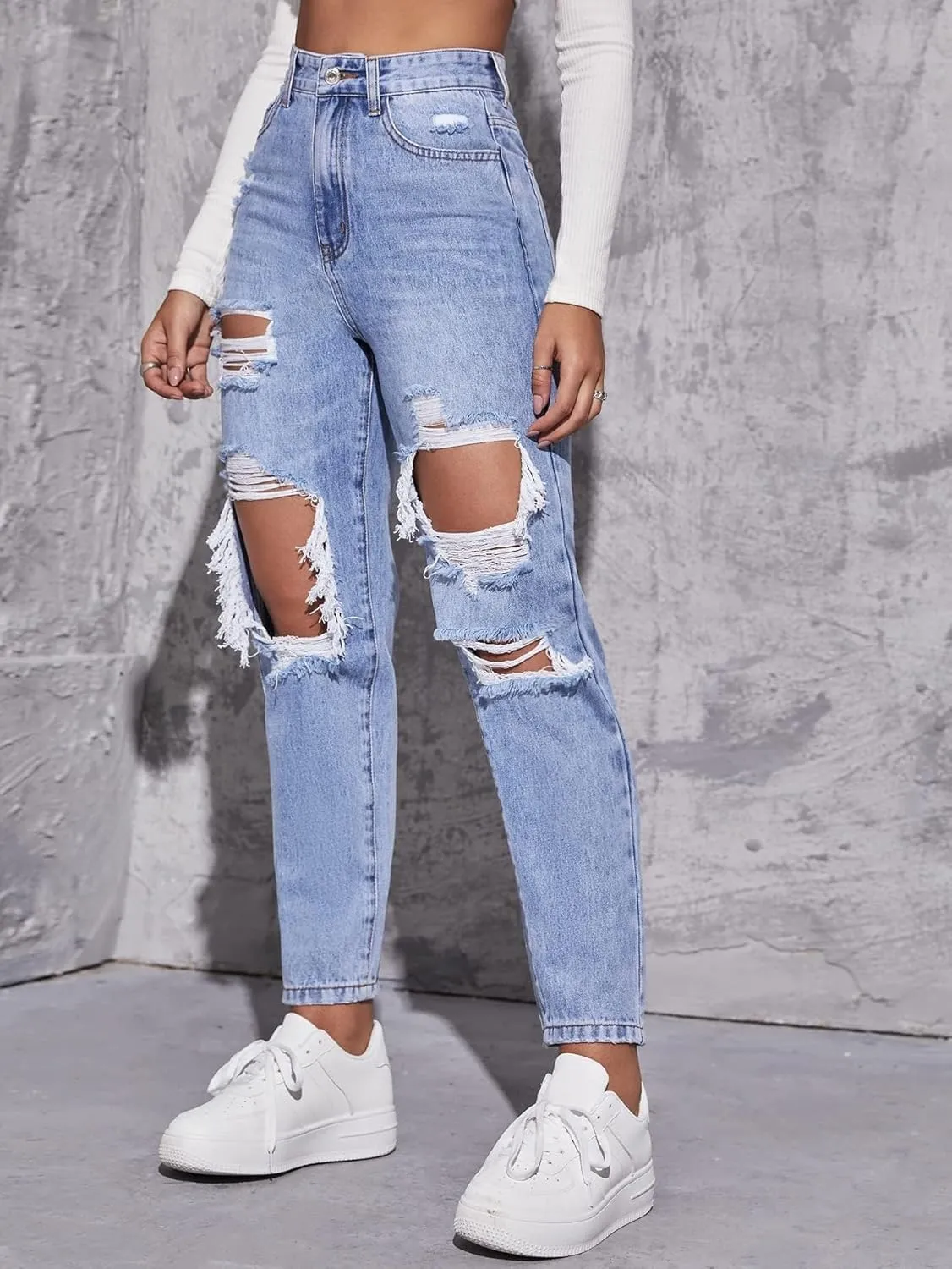Women's High Waist Boyfriend Straight Leg Ripped Jeans Distressed Denim Pants