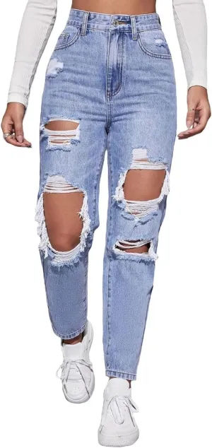 Women's High Waist Boyfriend Straight Leg Ripped Jeans Distressed Denim Pants