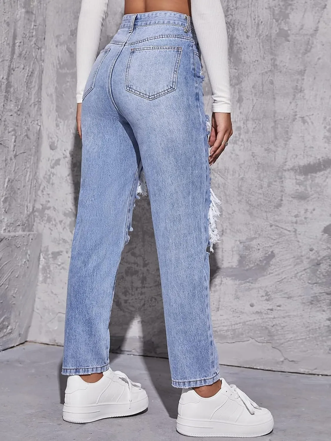 Women's High Waist Boyfriend Straight Leg Ripped Jeans Distressed Denim Pants