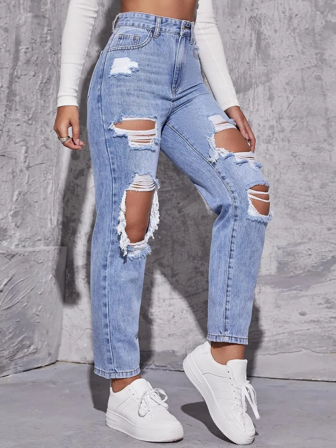 Women's High Waist Boyfriend Straight Leg Ripped Jeans Distressed Denim Pants