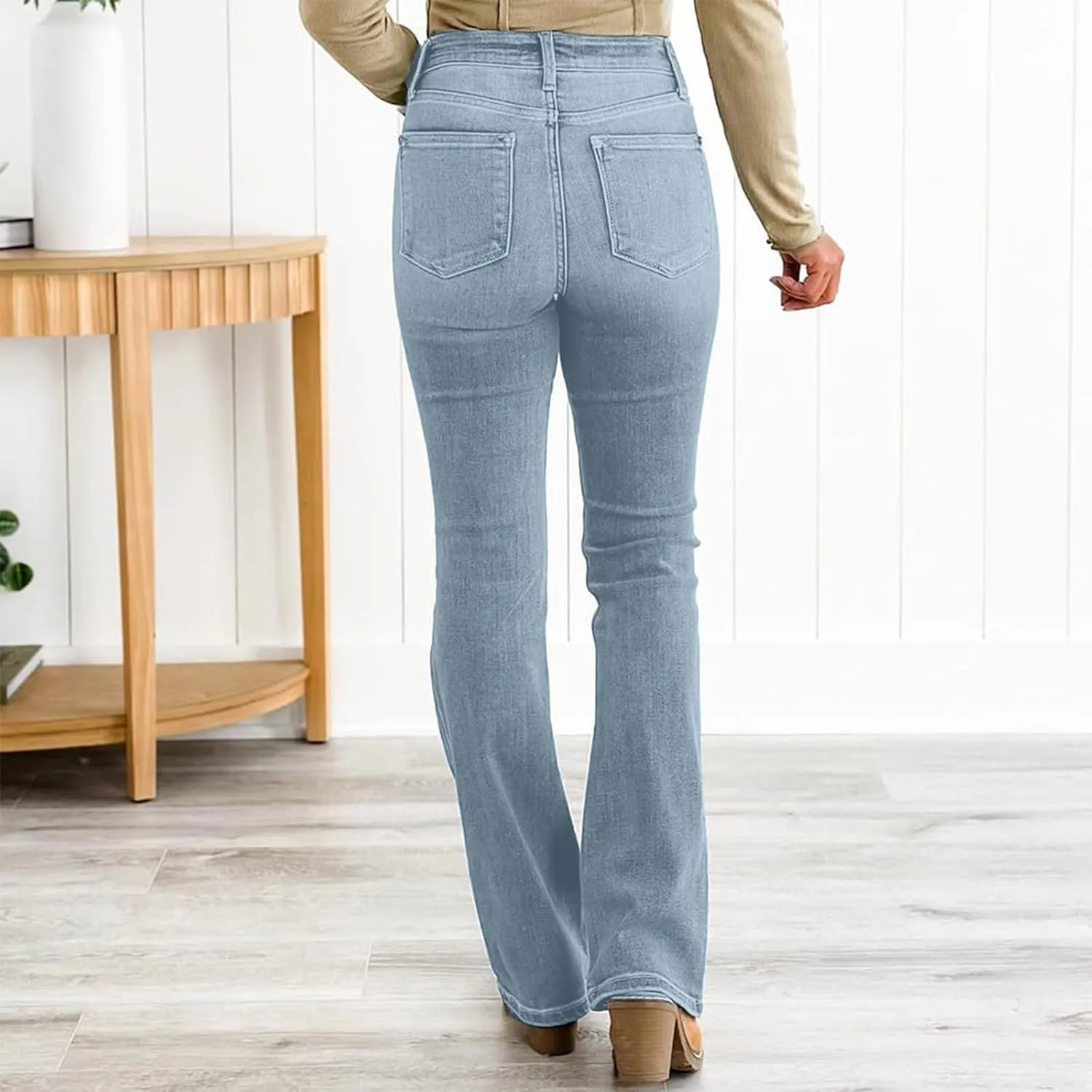 Women's High Waisted Bell Bottom Bootcut Jeans Flared Wide Leg Denim Pants with Pockets
